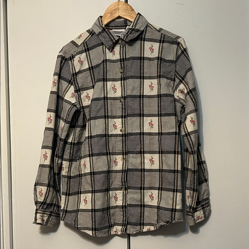 Plaid Button-Down Shirt with Subtle Red Floral Embroidery
